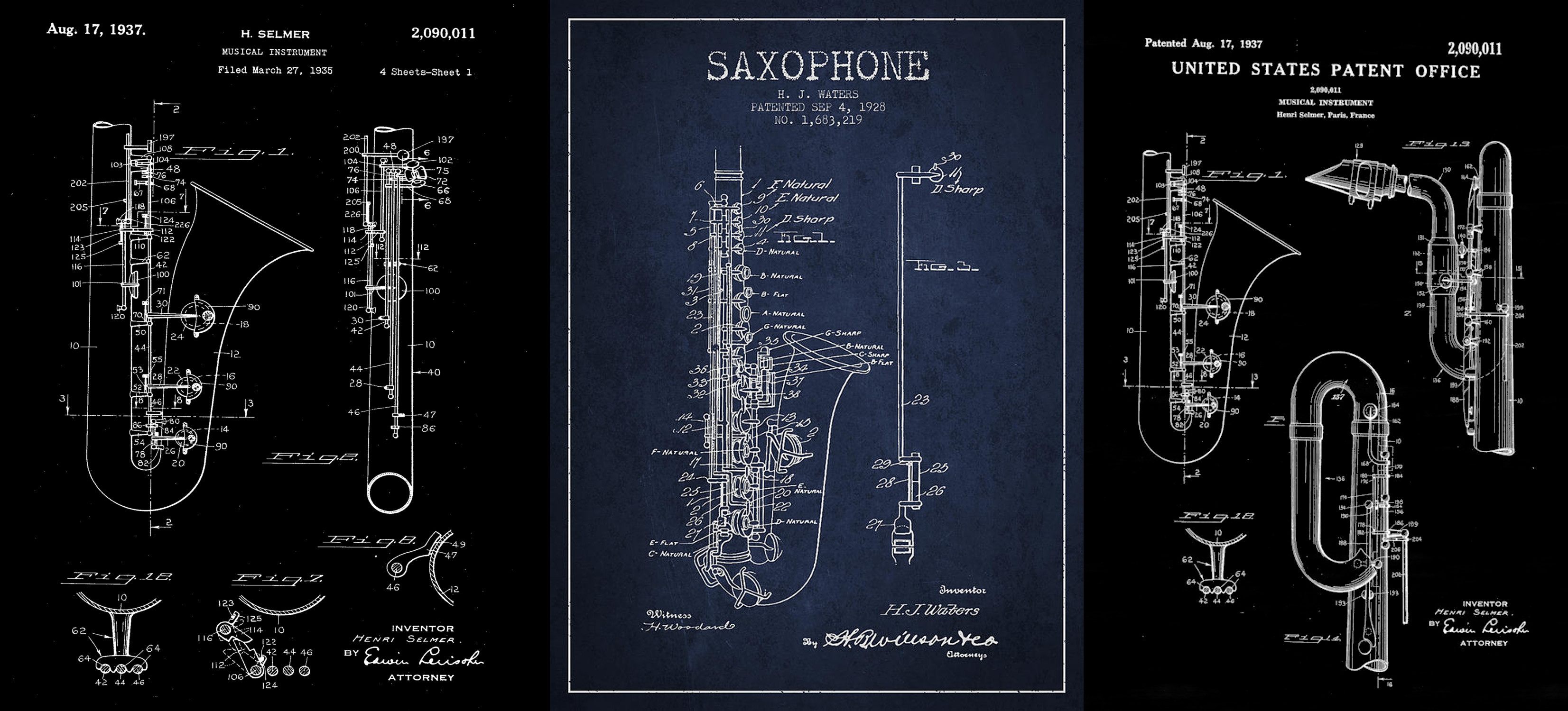 Old Saxophone Patent Blueprints